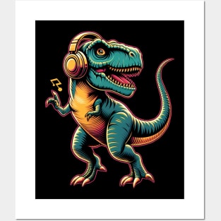 Dancing T-Rex with Headphone Posters and Art